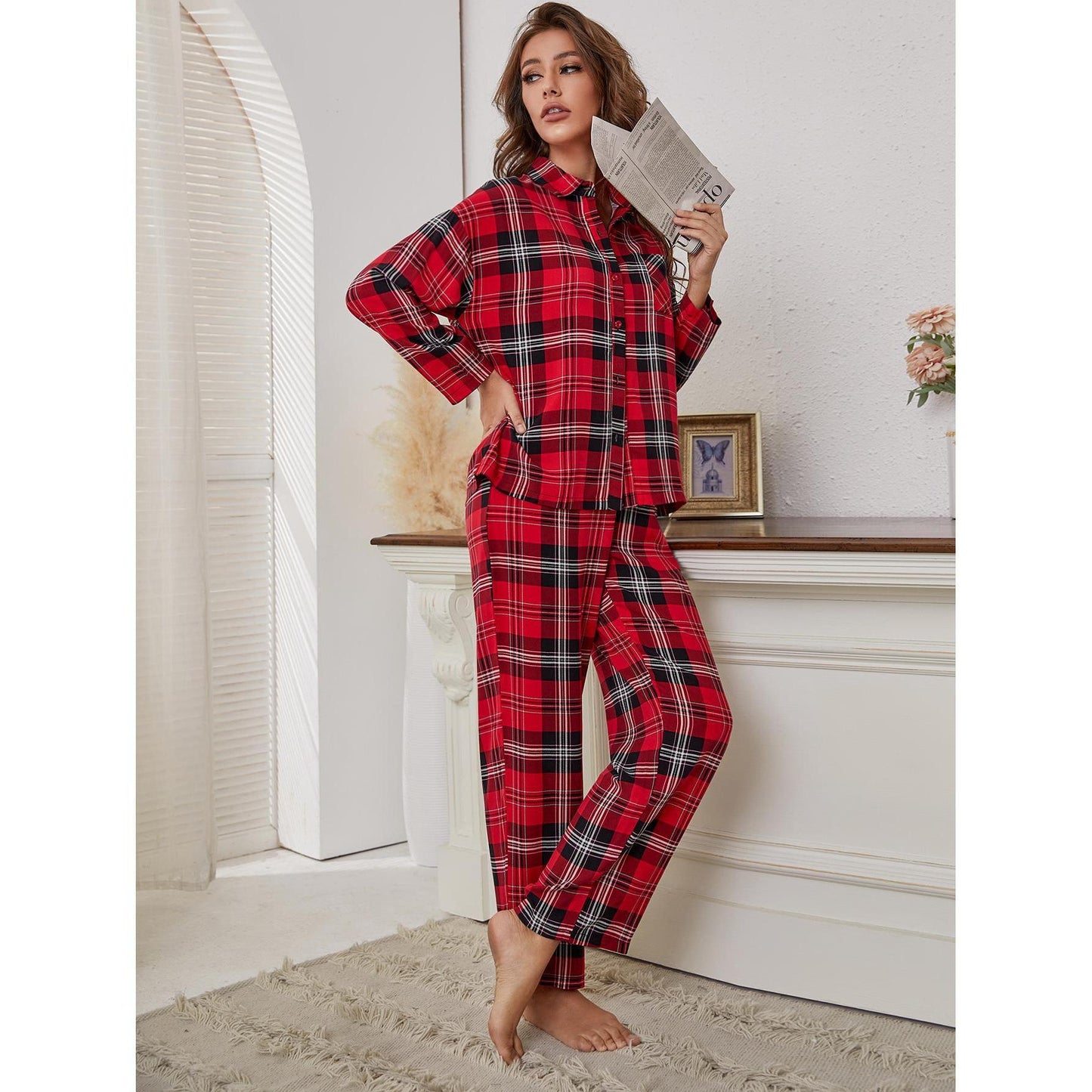 Women's Red Plaid Long Sleeve Autumn And Winter Homewear Two-piece Set