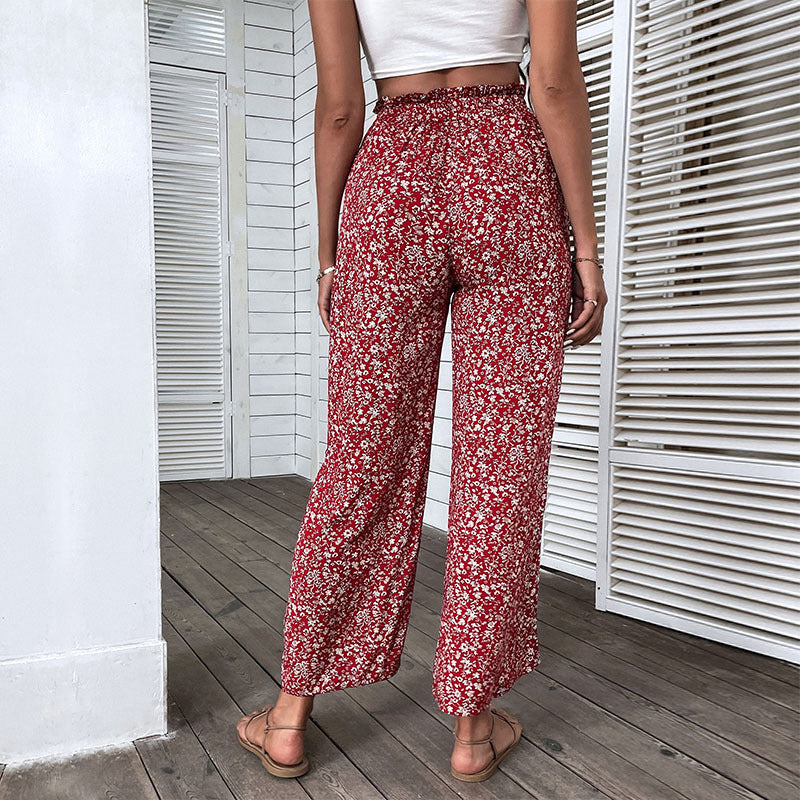 Retro Red For Women Pants Rayon High Waist Cropped Wide-leg Pants