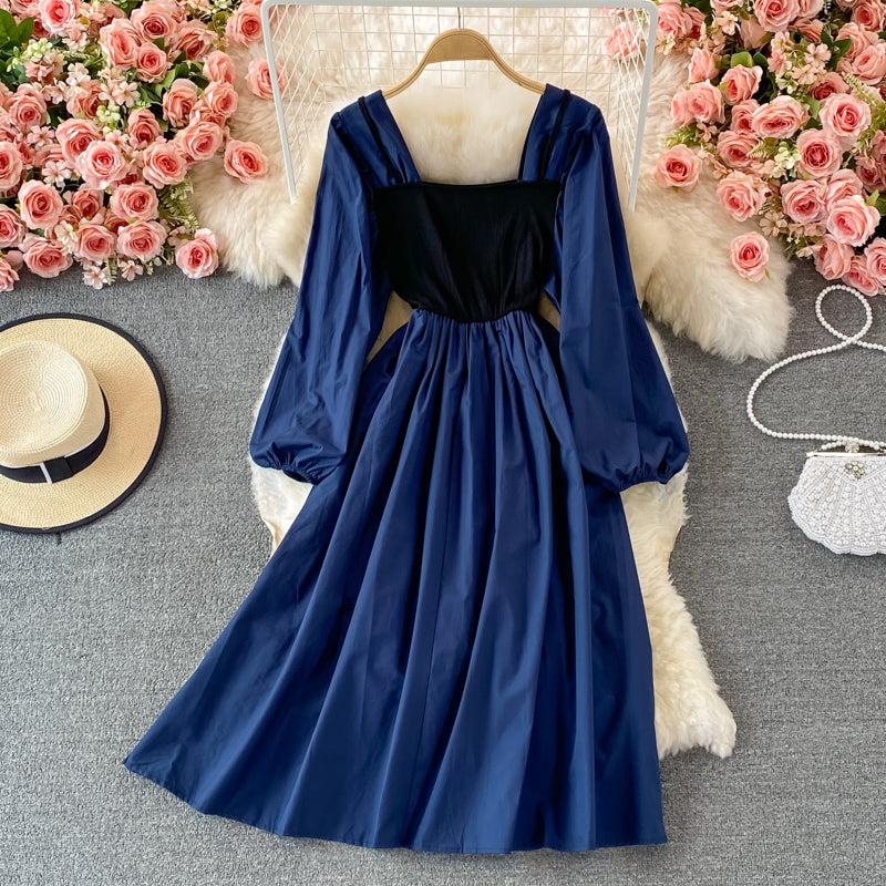 Colorblock Square Neck Puff Sleeve Midi Dress