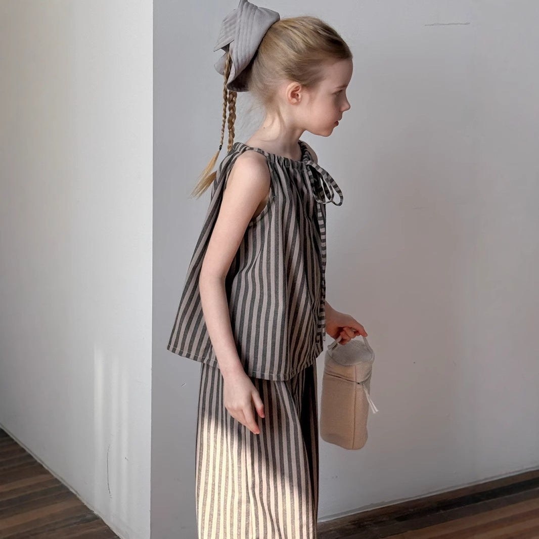 New Girls' Korean-style Striped Vest Straight-leg Pants Two-piece Set