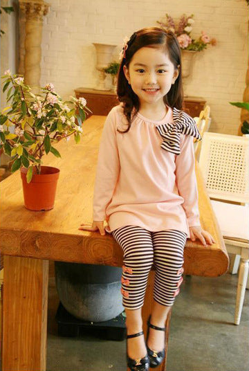 Girls Striped Bow Tie Round Neck T-shirt Leggings Kids Suit