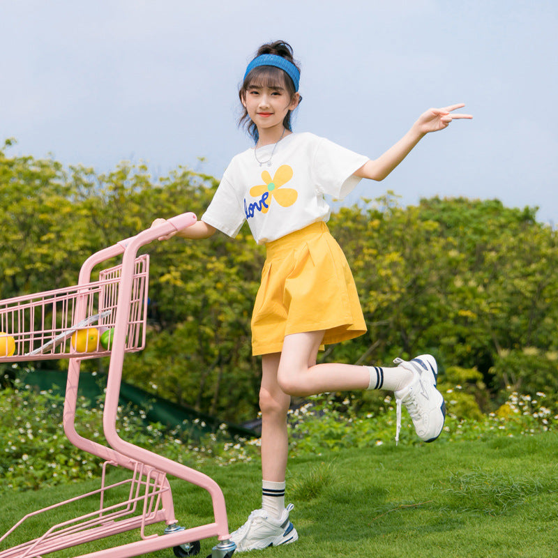 Girls Fashion Simple Short Sleeve Shorts Set