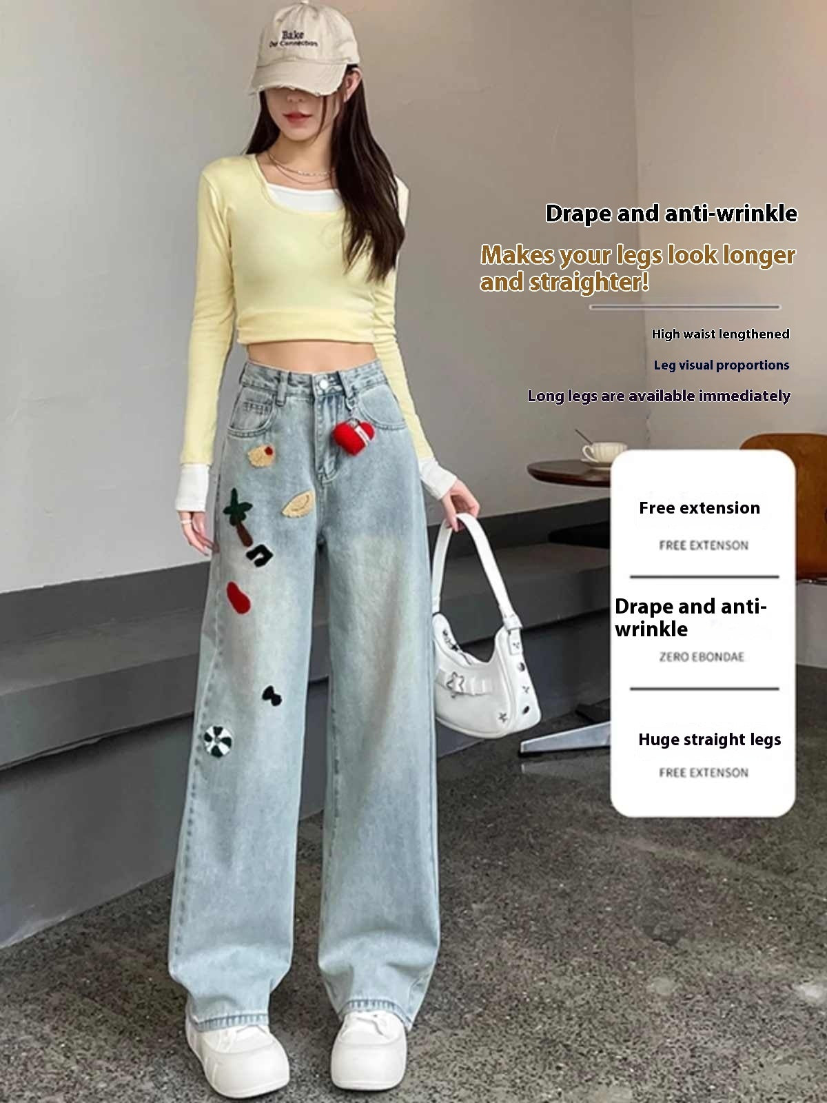 Embroidered Wide-leg Jeans Women's High Waist Straight Mopping Pants