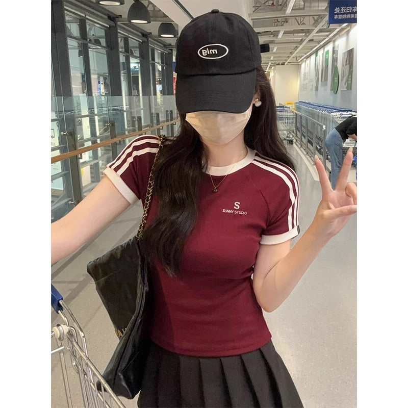 Female Bm Hot Girl Waist Embroidered Crew Neck Short Sleeve T-shirt Top