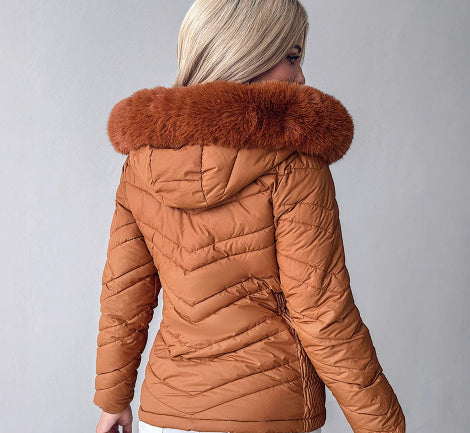 Cinched Hoodie With Fur Collar Short Jacket