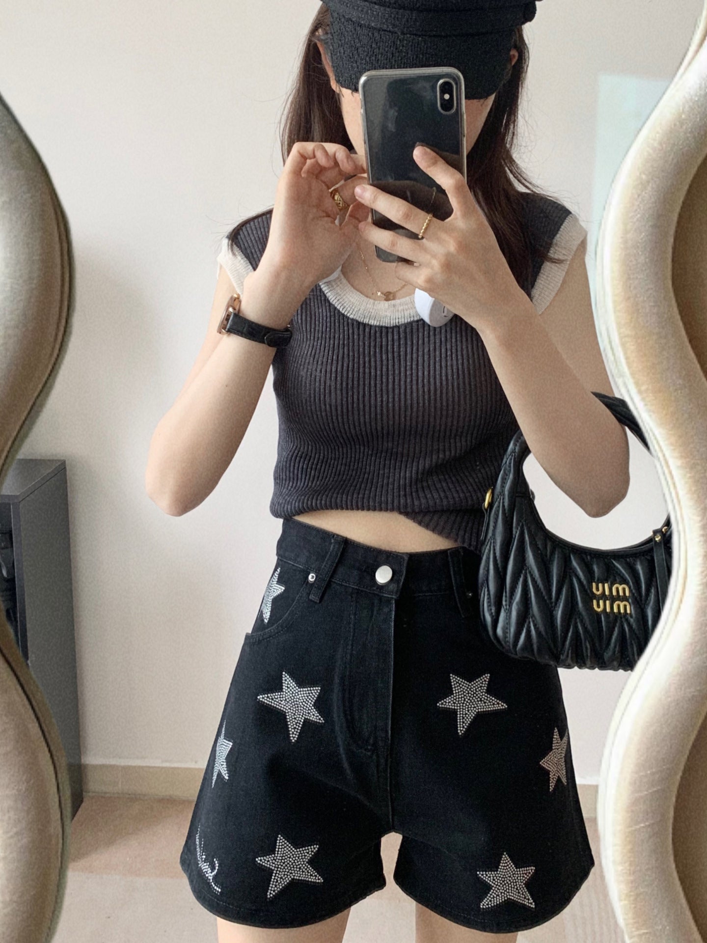 Light Luxury Silver Black Rhinestone Shorts For Women