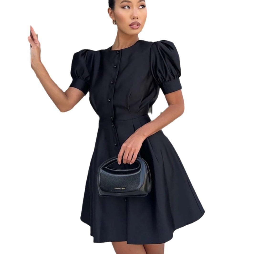 Round Neck Puff Sleeve Short Sleeve Pleated Waist Tight Pearl Buckle A- Line Mid-length Formal Dress