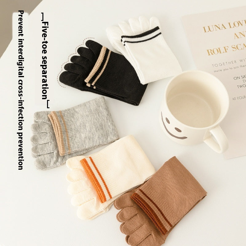 Breathable Sweat Absorbing Five Finger Striped Mid-calf Length Socks