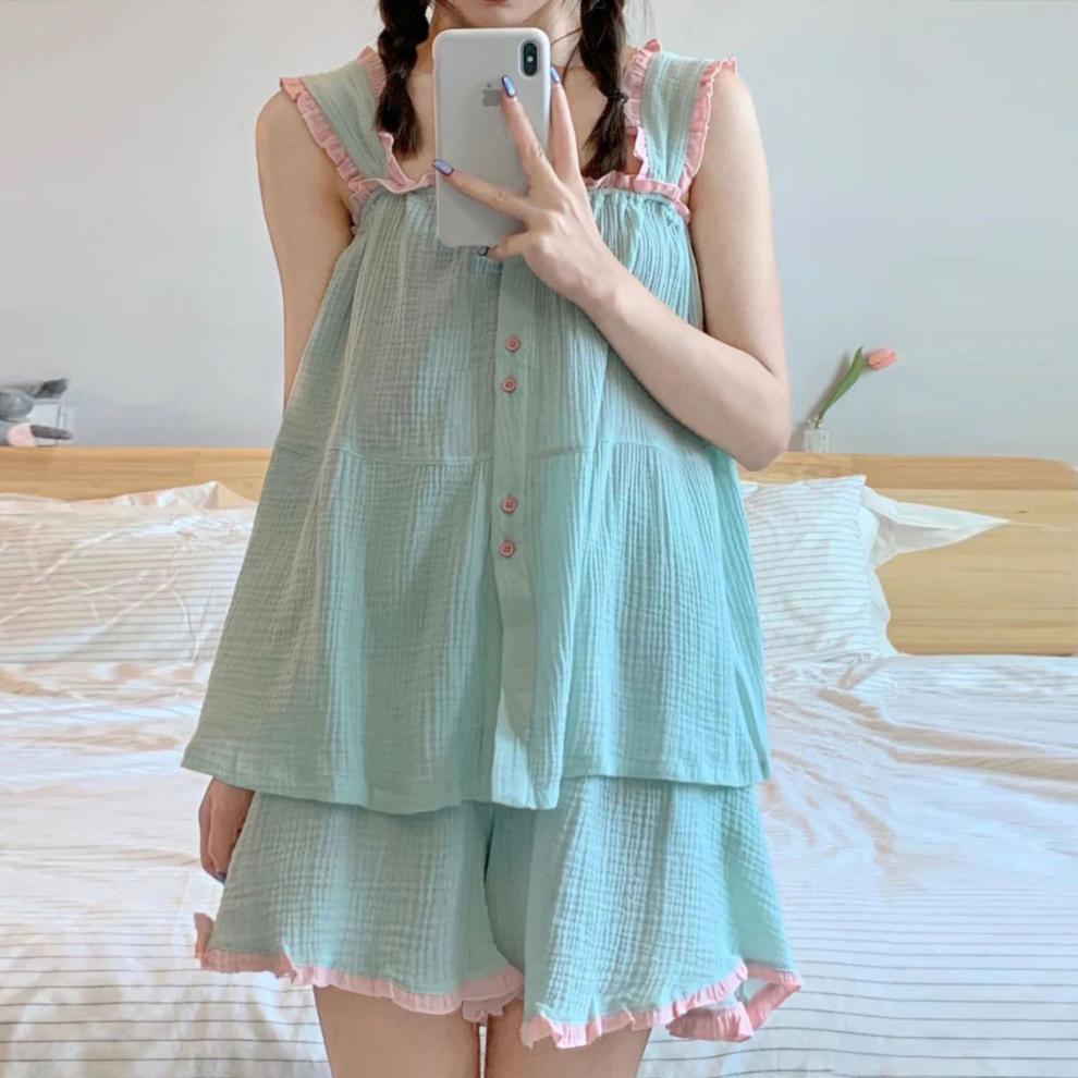 Pajamas Women's Summer New Ruffled Sweet Spaghetti-strap Shorts Loose Casual Good-looking Homewear Suit