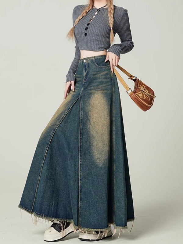 High-waisted Drapey Slimming Vintage Distressed Loose-fit Denim Skirt