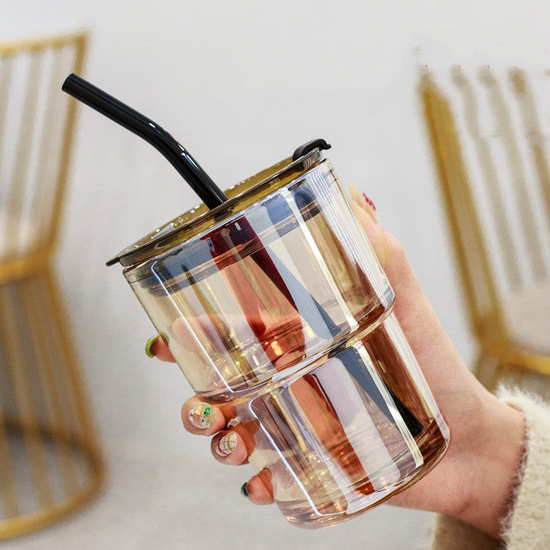 Creative Portable Bamboo Cup With Lid Straw Glass