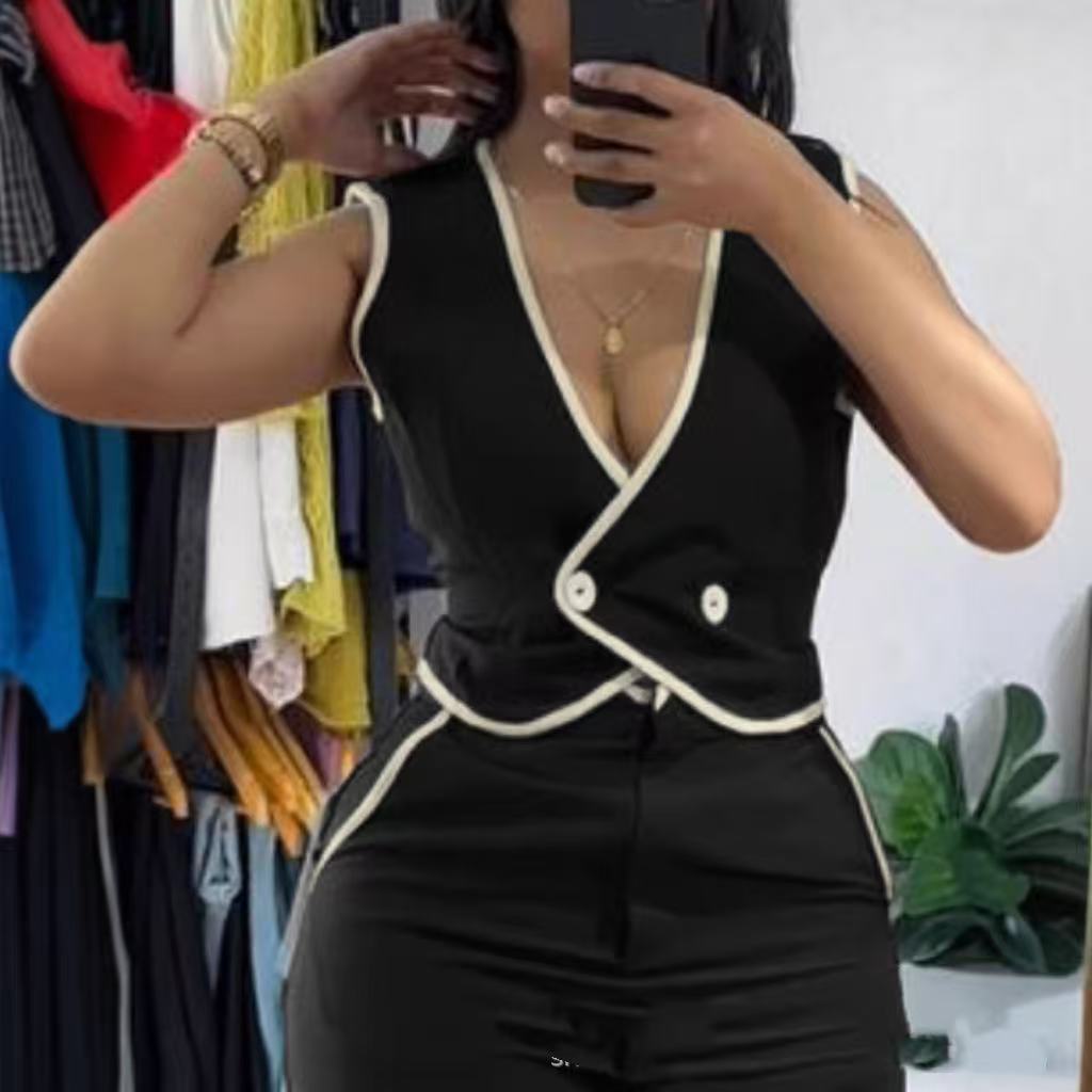 Fashion Colorblock Short Sleeveless Vest Suit Women