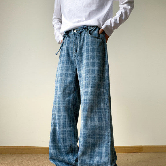 Retro Blue Plaid Wide-leg Skinny Jeans