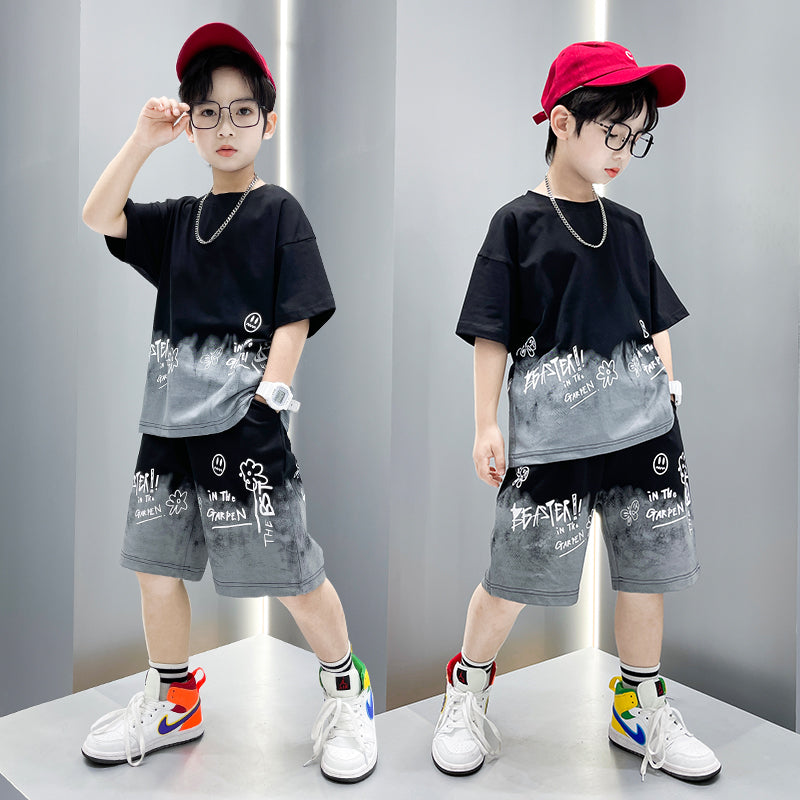 Boys Fashion Print Sports Short Sleeve Shorts Set