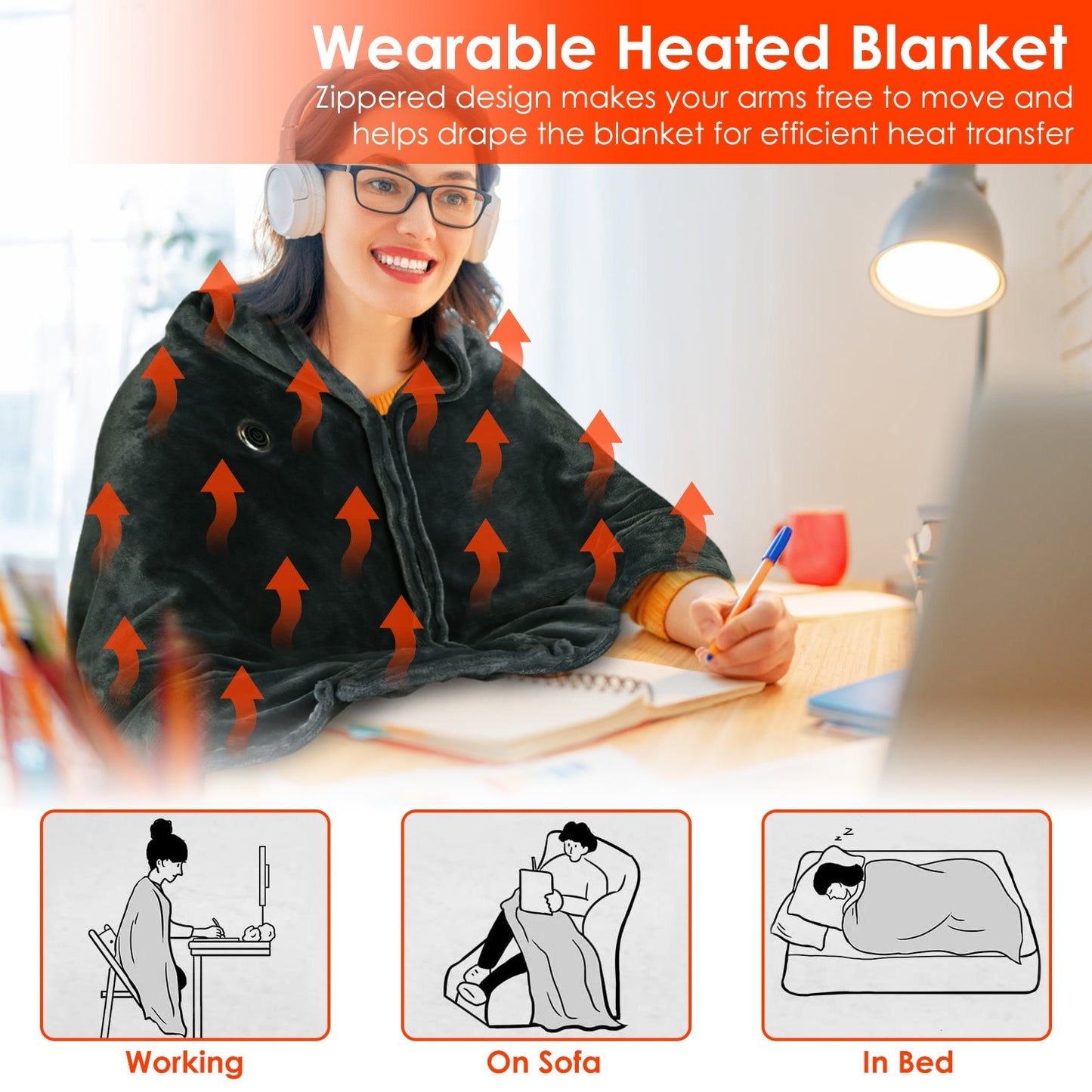 1Pc 59x31in USB Heated Blanket Electric Heated Blanket Heated Poncho Shawl Wrap Throw With Zipper Washable For Home Office No Power Bank Compatible With CJCD2415461