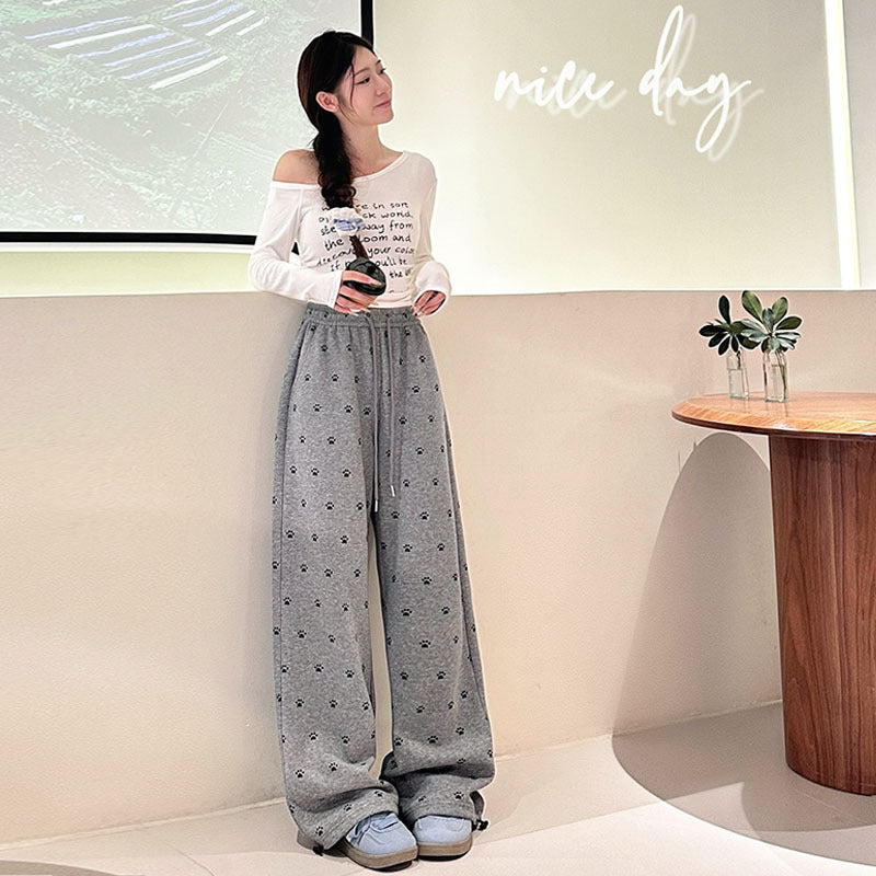 High-Street American-Style Floral Dog Paw Print Casual Pants For Women