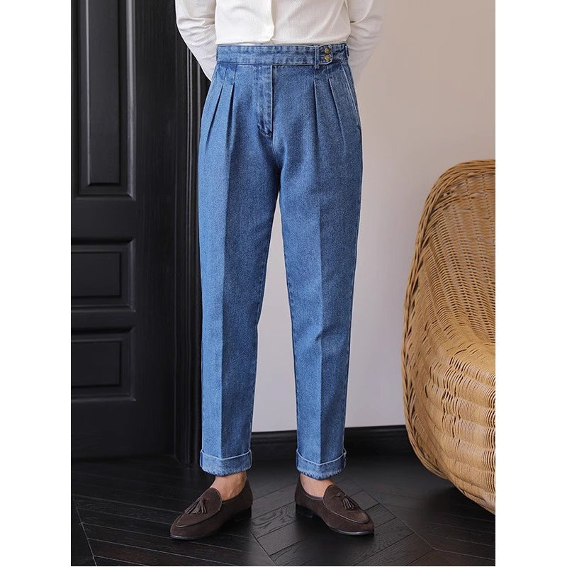 British High Waist Men's Jeans Drooping Straight Curling Suit Pants
