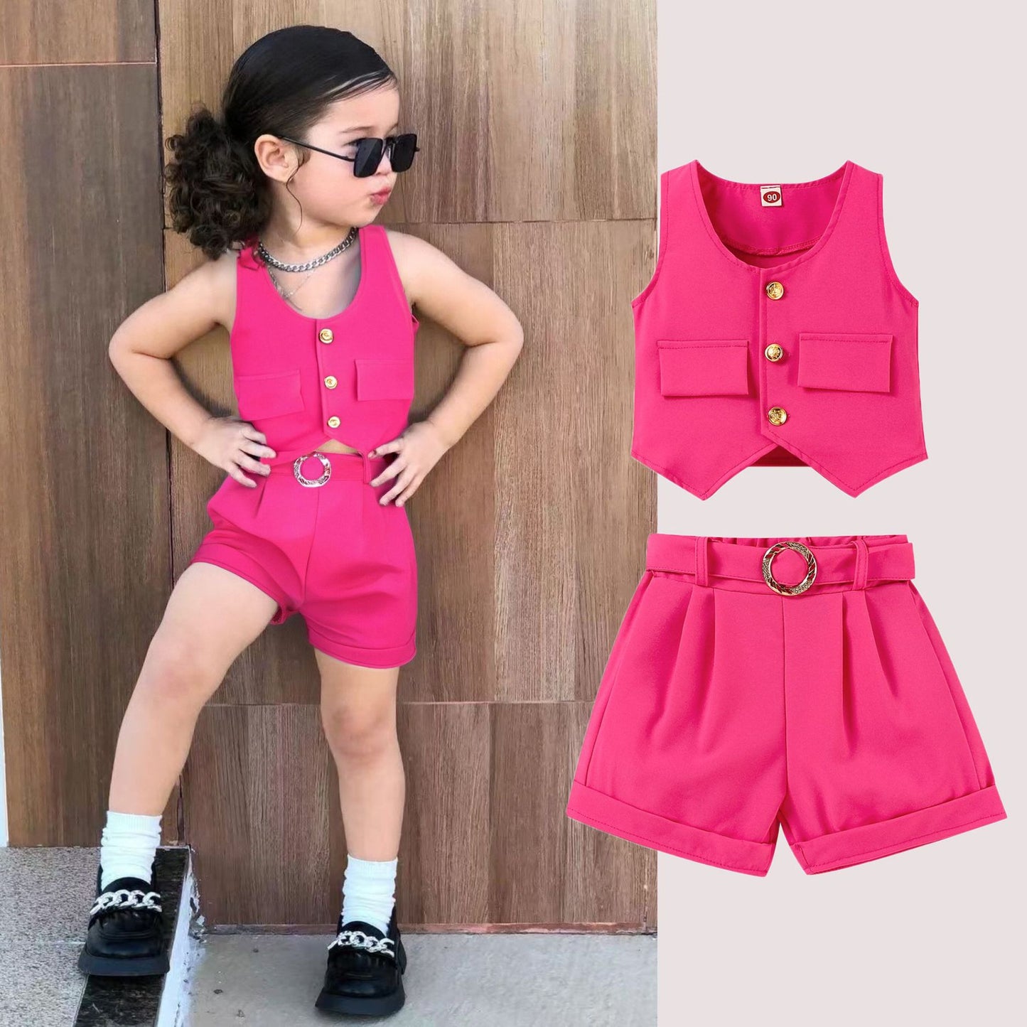 Girls V-neck Vest Top Shorts And Belt Three-Piece Set