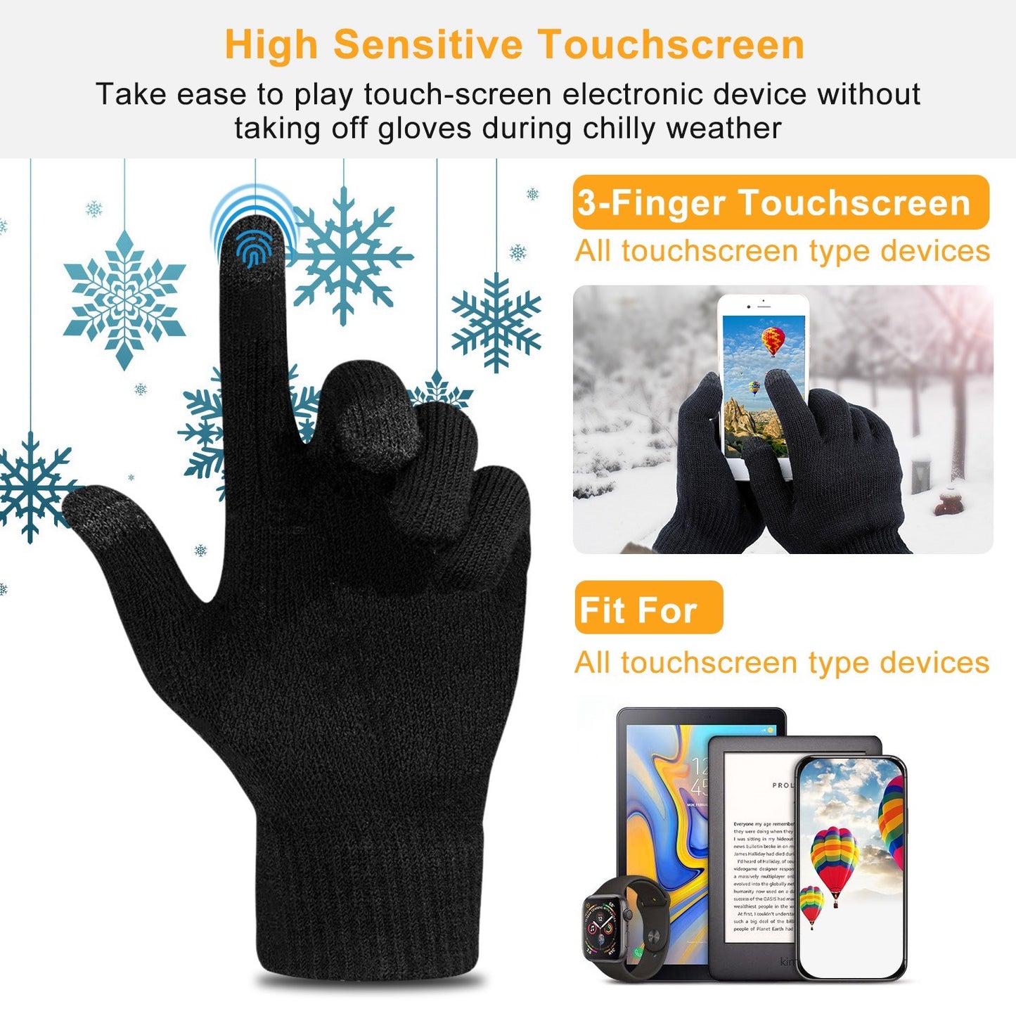 3 Color Options -- 1 Pair Unisex Winter Knit Gloves Touchscreen Outdoor Windproof Cycling Skiing Warm Gloves
