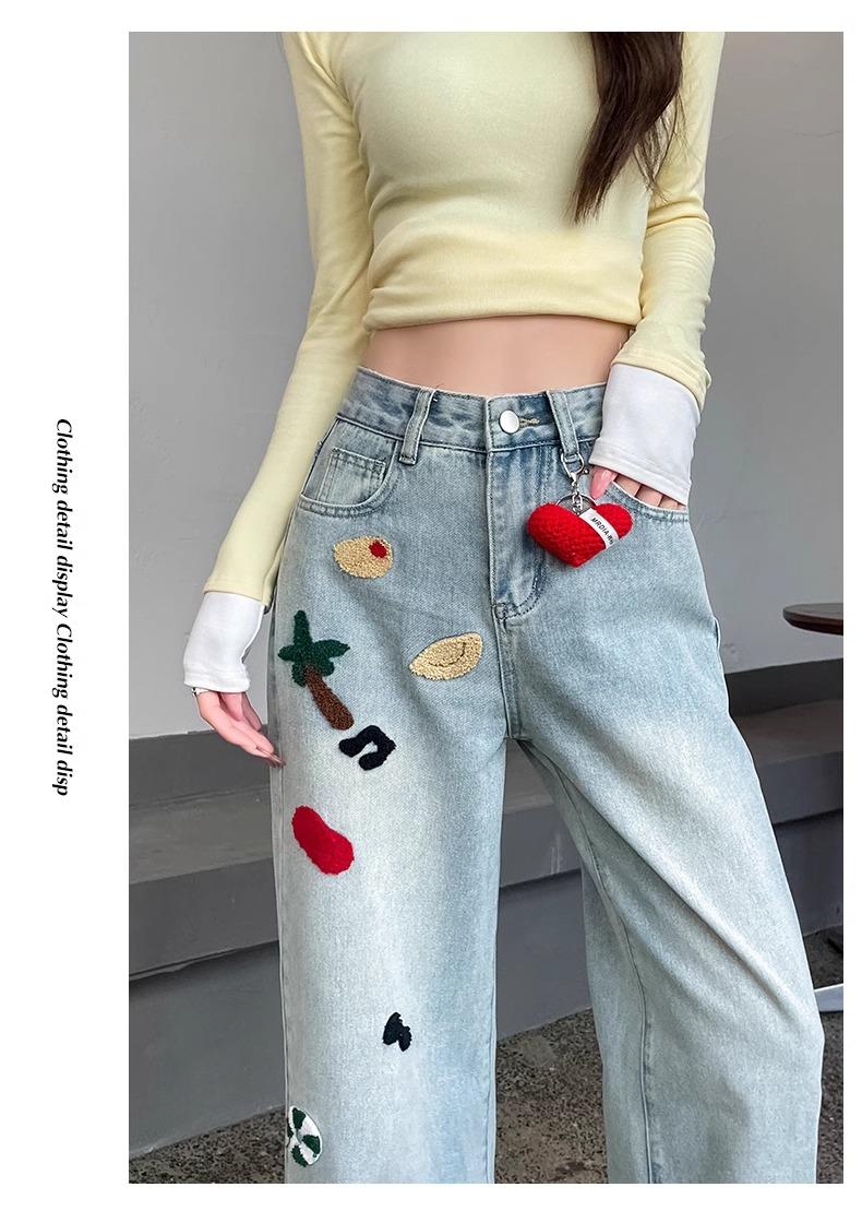 Embroidered Wide-leg Jeans Women's High Waist Straight Mopping Pants