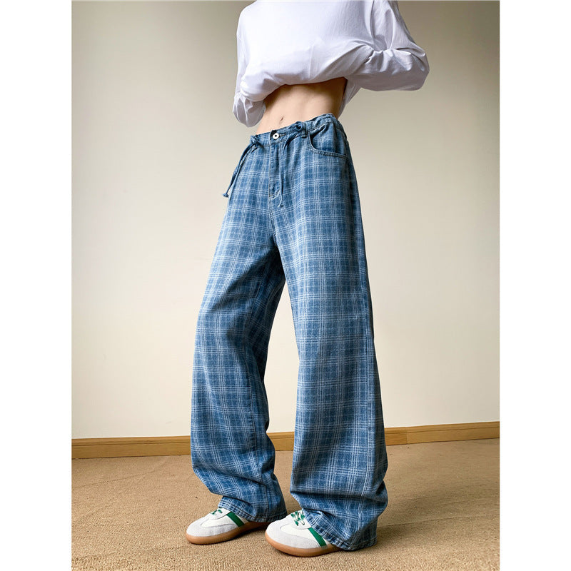 Retro Blue Plaid Wide-leg Skinny Jeans