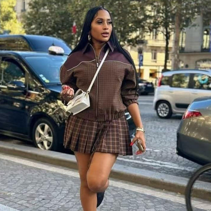 Lapel Zipper Cardigan Long-sleeved Top Sexy Skirt Two-piece Set