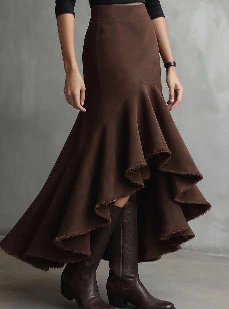 Western Brown High-Low Eco Suede Ruffle Maxi Skirt