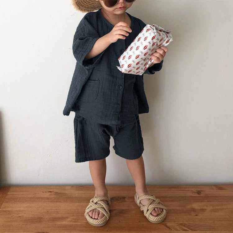 Children's Summer Clothing Retro Mori Style Cotton And Linen Casual Suit