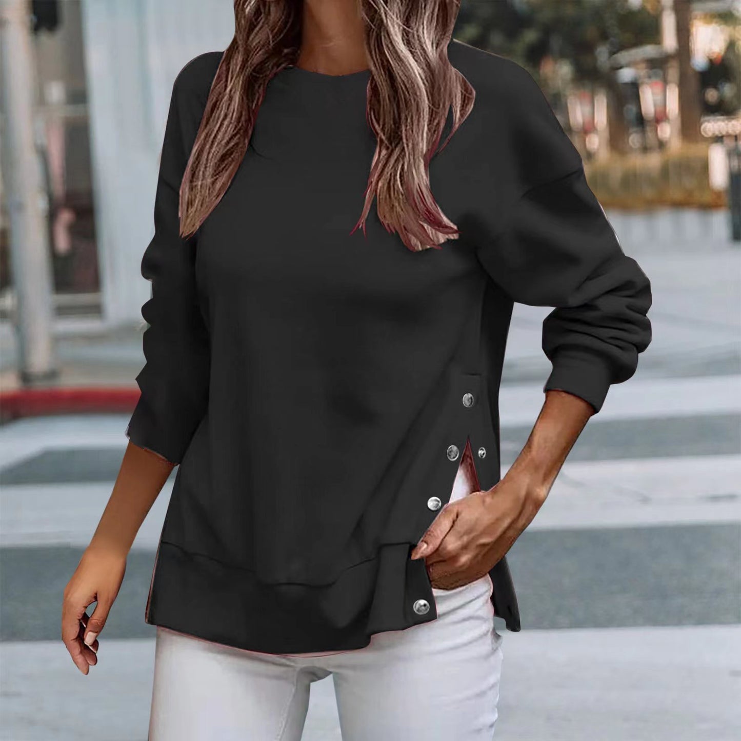 Fashion Button Pullover Sweater T-shirt For Women