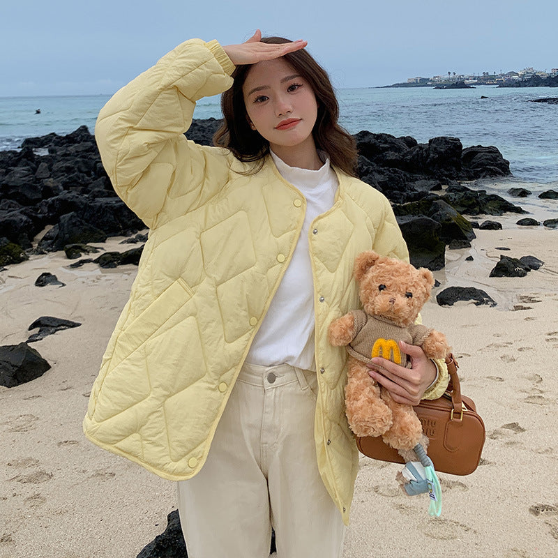 Korean Style Down Cotton Jacket Women's Short Light Round Neck