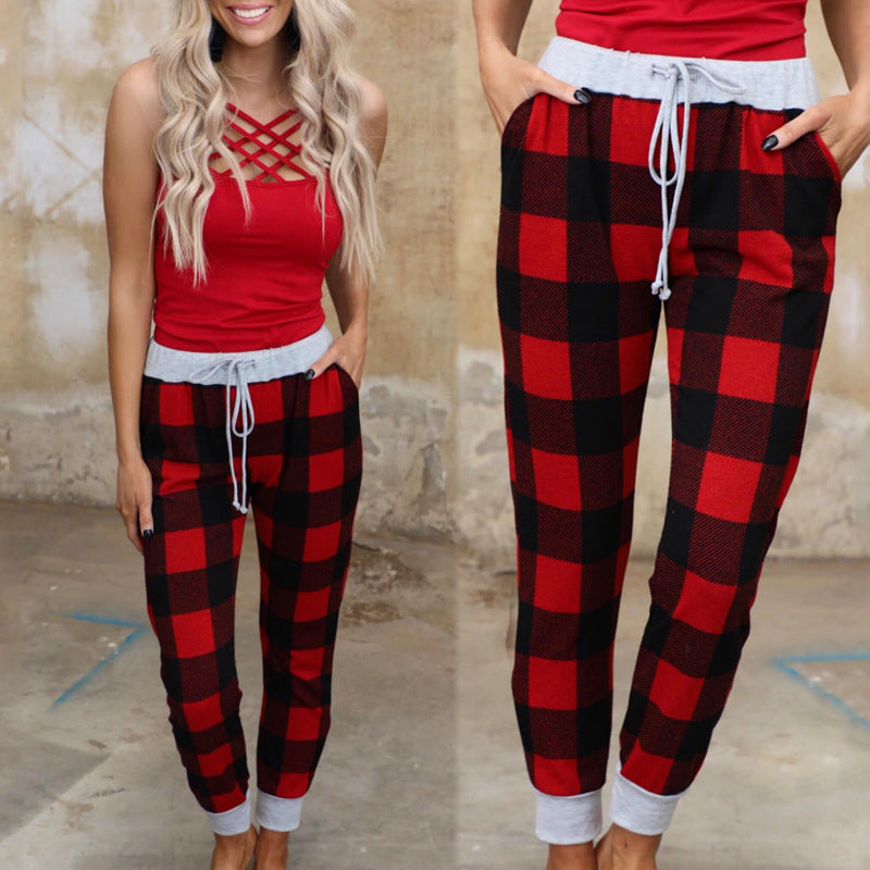Christmas Print Plaid Lace Casual Pants Women