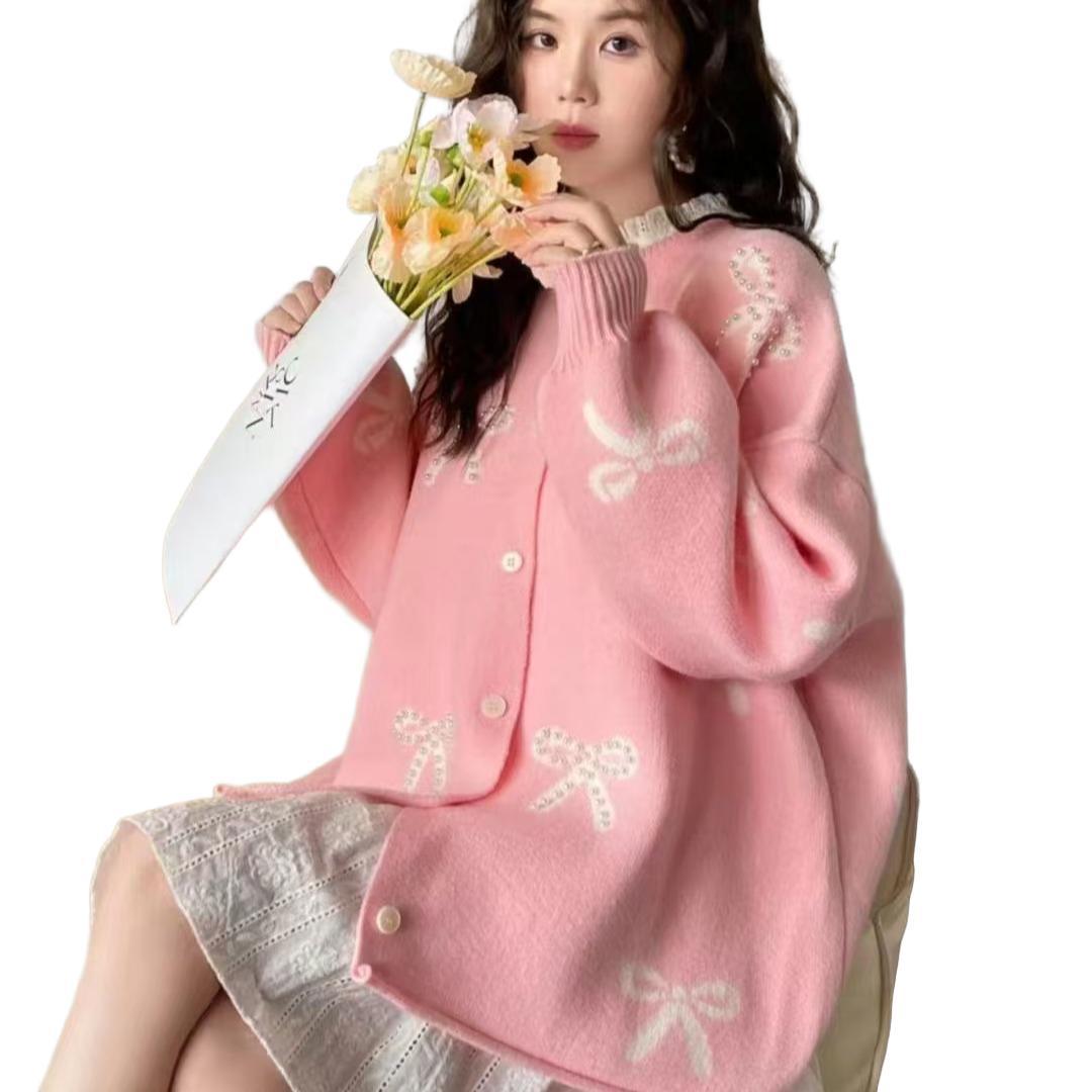 Bow Knit Sweater Coat Women Loose Design Sense Cardigan Top Casual Style
