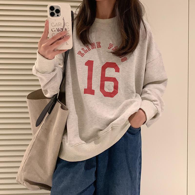 Letter Print Loose Oversized Long Sleeves Sweater Women's Top