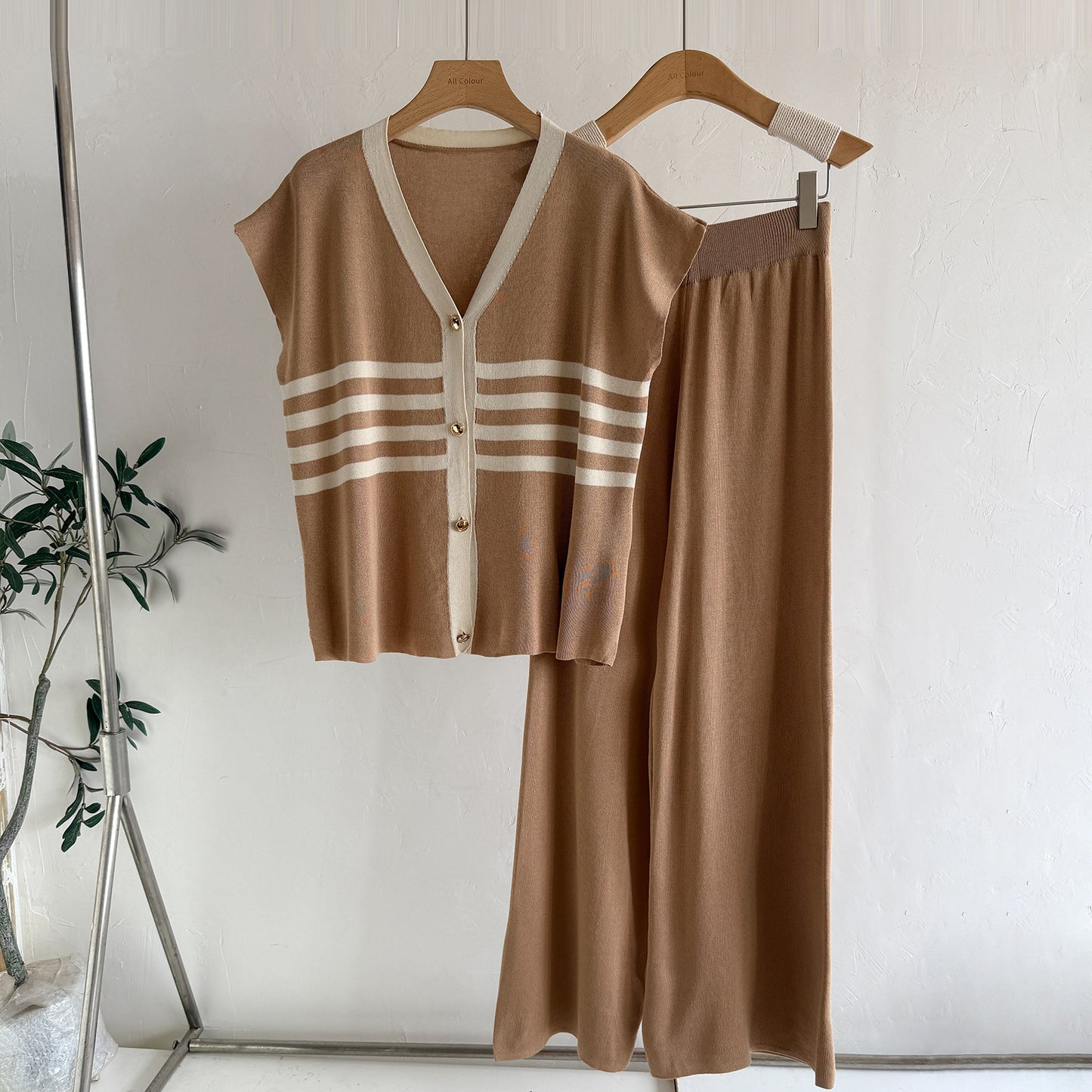 Korean-style Wide-leg Pants Set Casual, Laid-back Knit Two-piece For Women