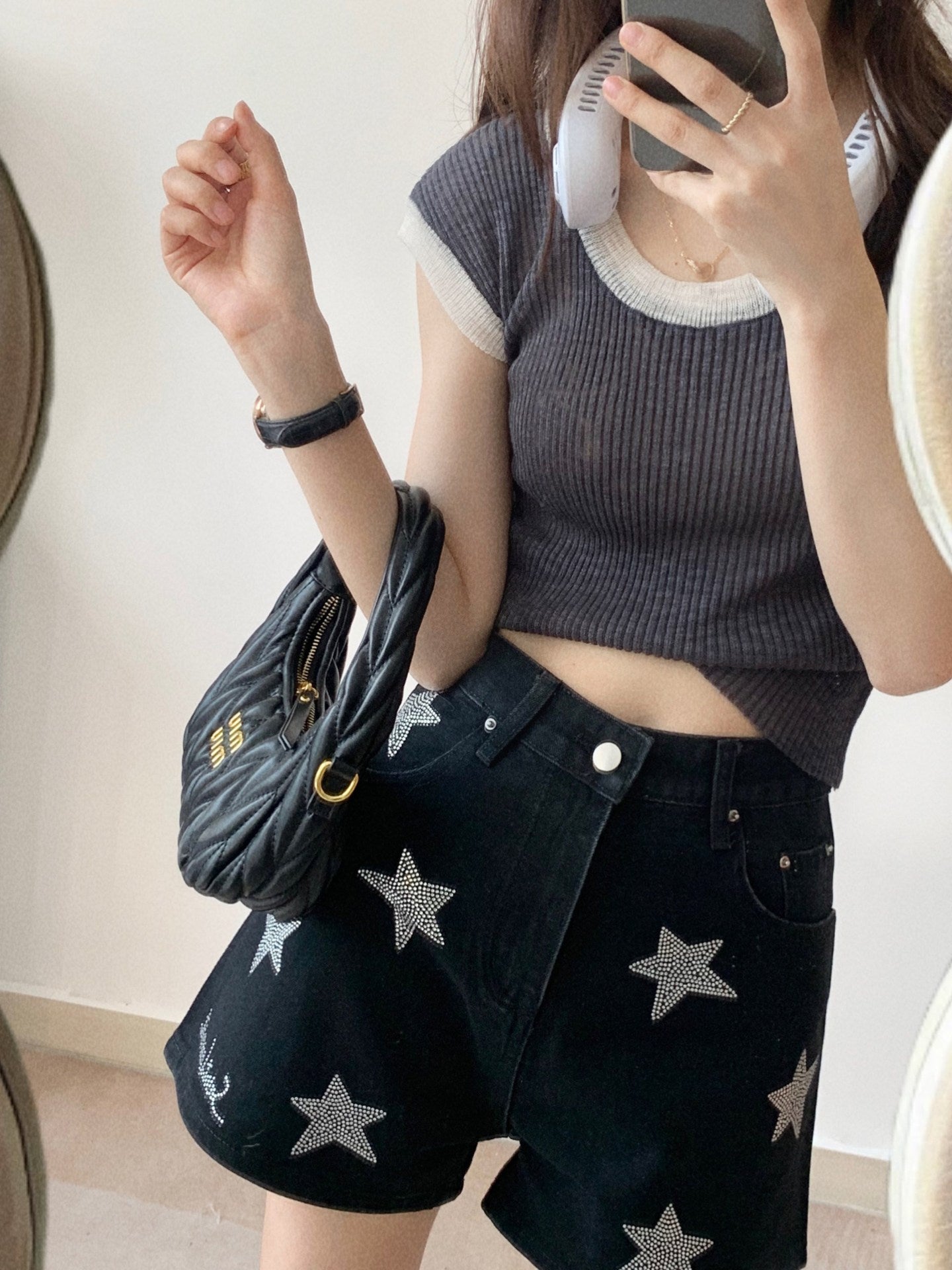 Light Luxury Silver Black Rhinestone Shorts For Women
