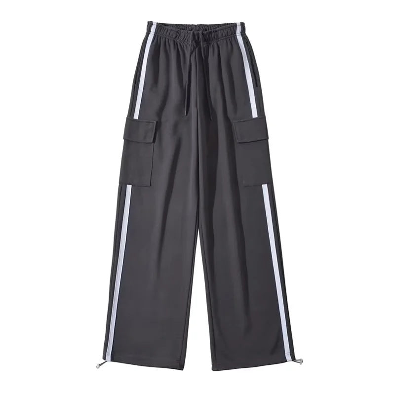 Side Stripe Stitching Women's Drawstring Pocket Casual Pants Bundle Feet