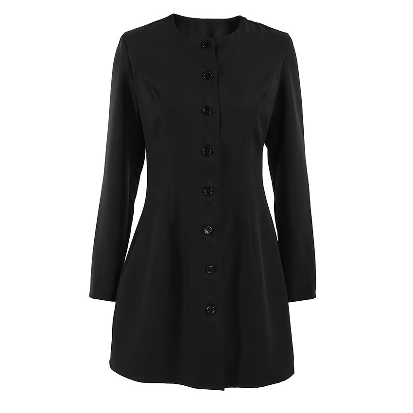 Niche Design Round Neck Long Sleeve Waist Slim Temperament Elegant Coat