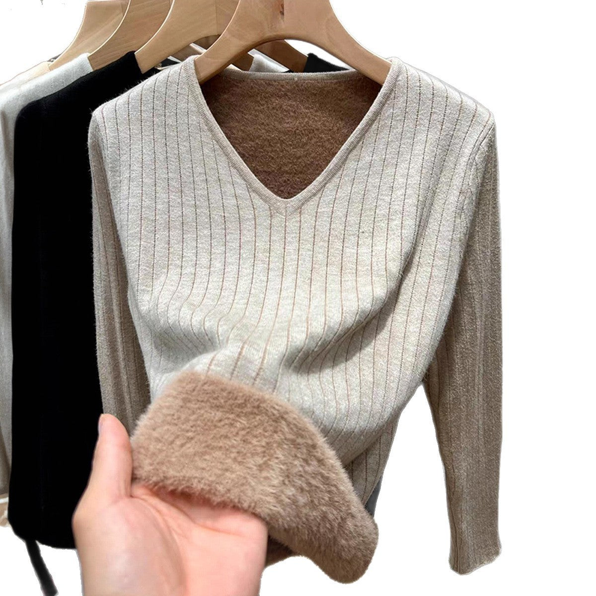 Fluffy V-neck Long Sleeve T-shirt Sweater For Women