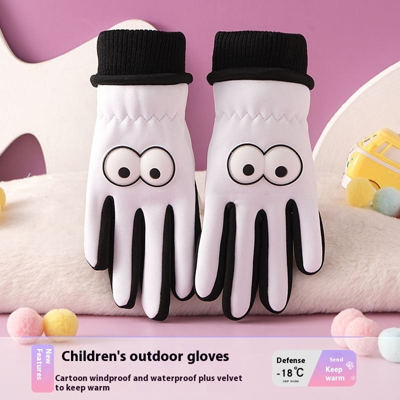 Children's Gloves Autumn And Winter Outdoor Cold-proof Warm With Velvet Anti-slip Cycling Cartoon Cute Windproof