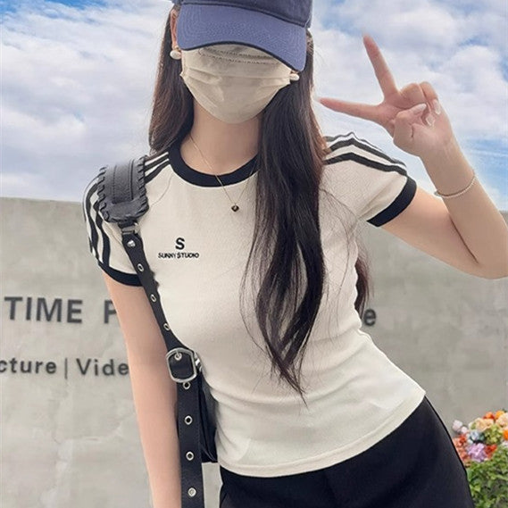 Female Bm Hot Girl Waist Embroidered Crew Neck Short Sleeve T-shirt Top