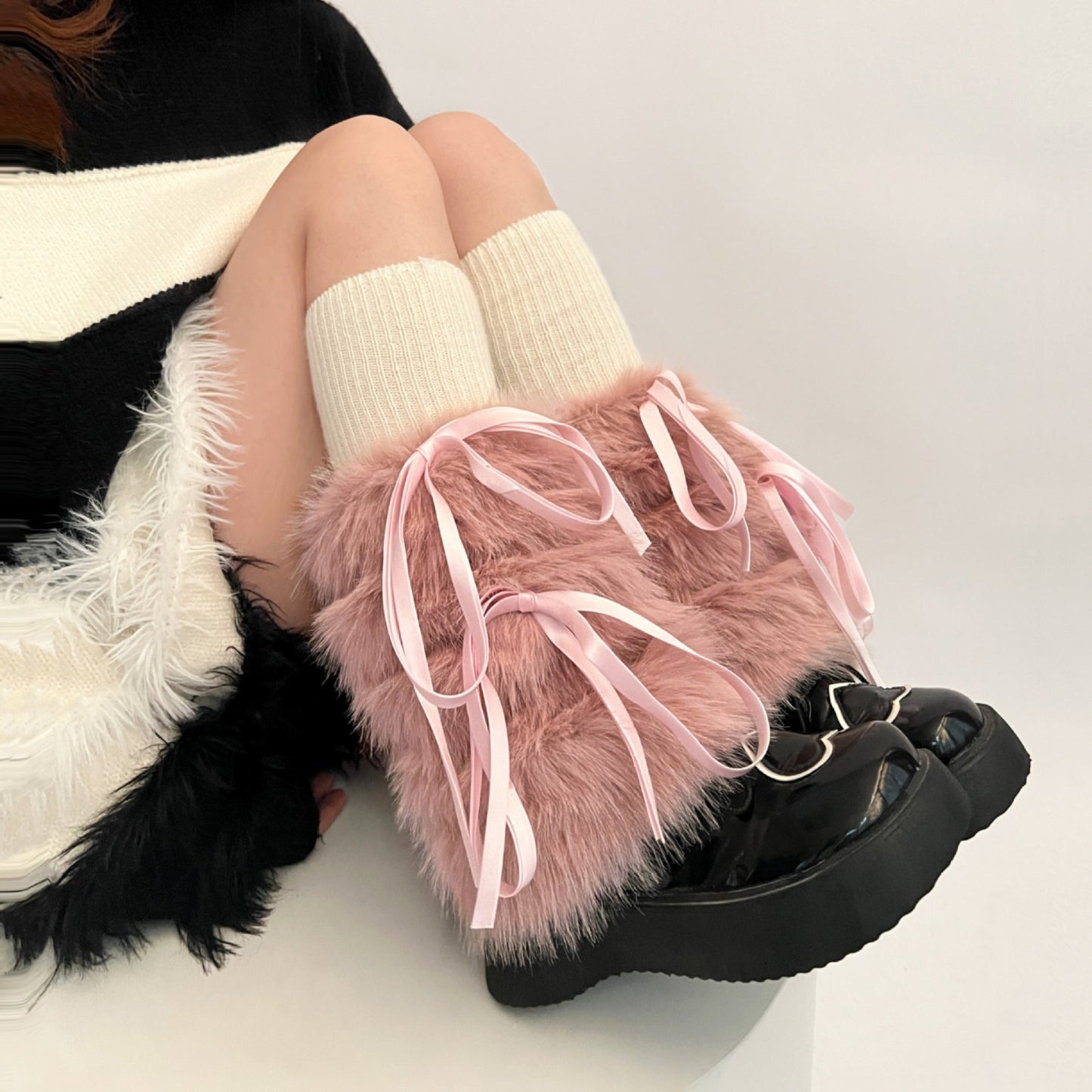 Autumn And Winter Lace Up Fur Leg Warmer Thickened Middle Foot Sock