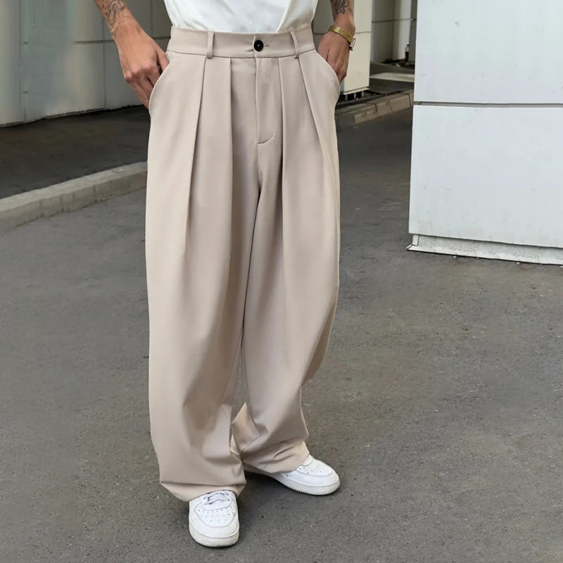Solid-color Double-pleat Straight-leg Casual Pants