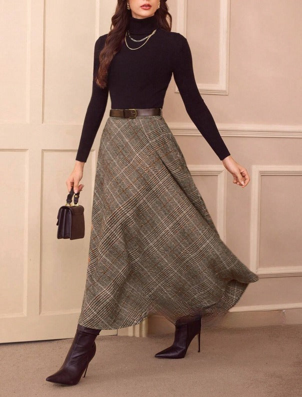 Elegant Retro Women's High Waist Plaid Ribbon Pocket Casual Skirt
