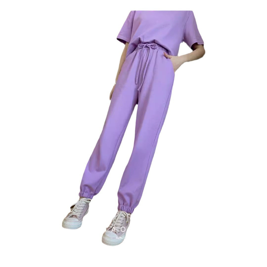 Korean Sweet Girl Sports Loose Slimming And Short T-shirt Ankle-length Pants Two-piece Set