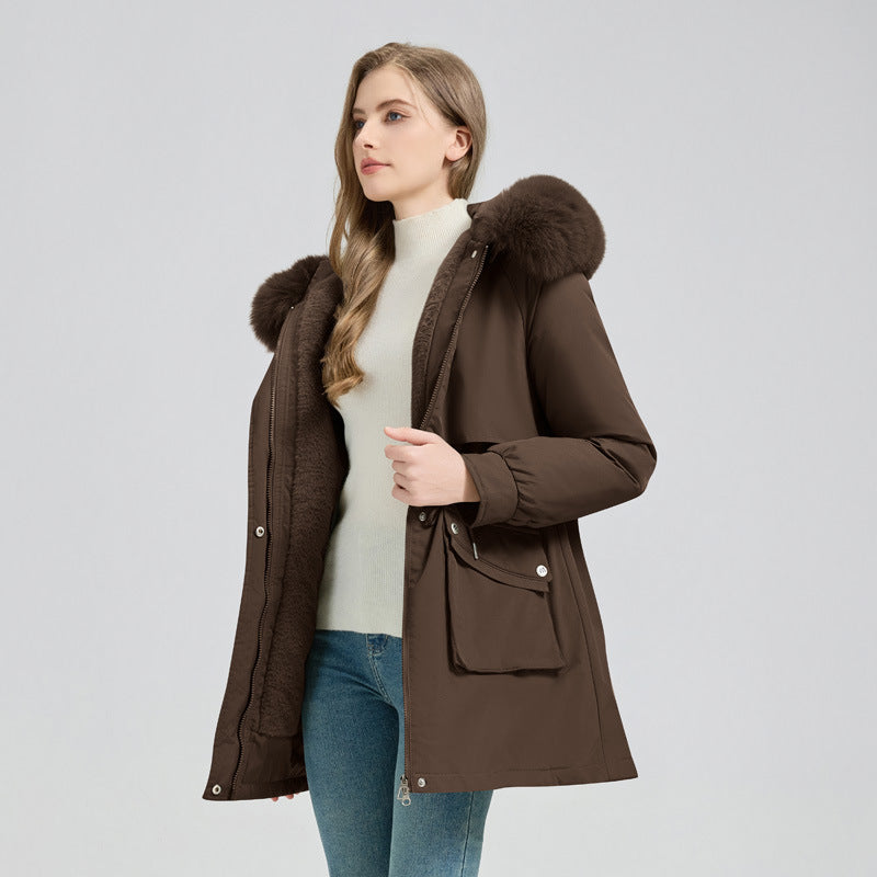 Women's Winter Fur-Lined Hooded Parka Coat Mid Length Down