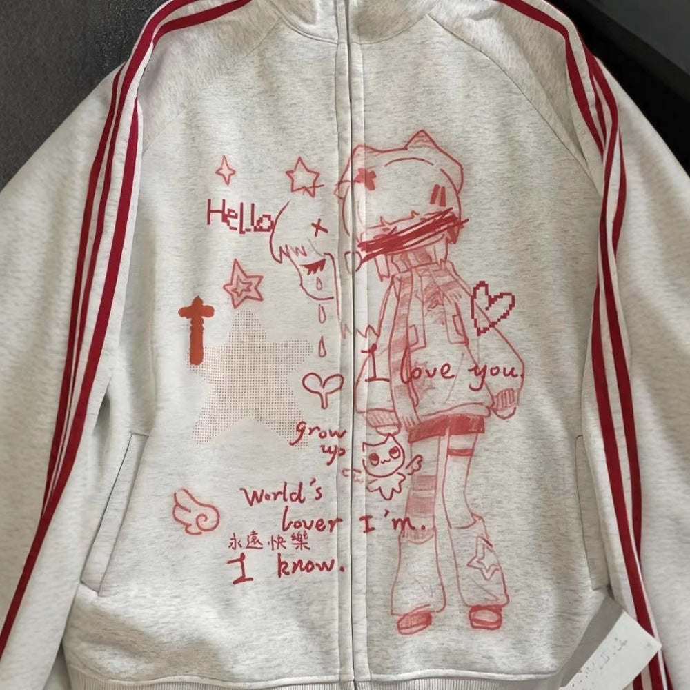 Striped Anime-Print Zip-Up Hoodie With Long Sleeves And A Hood