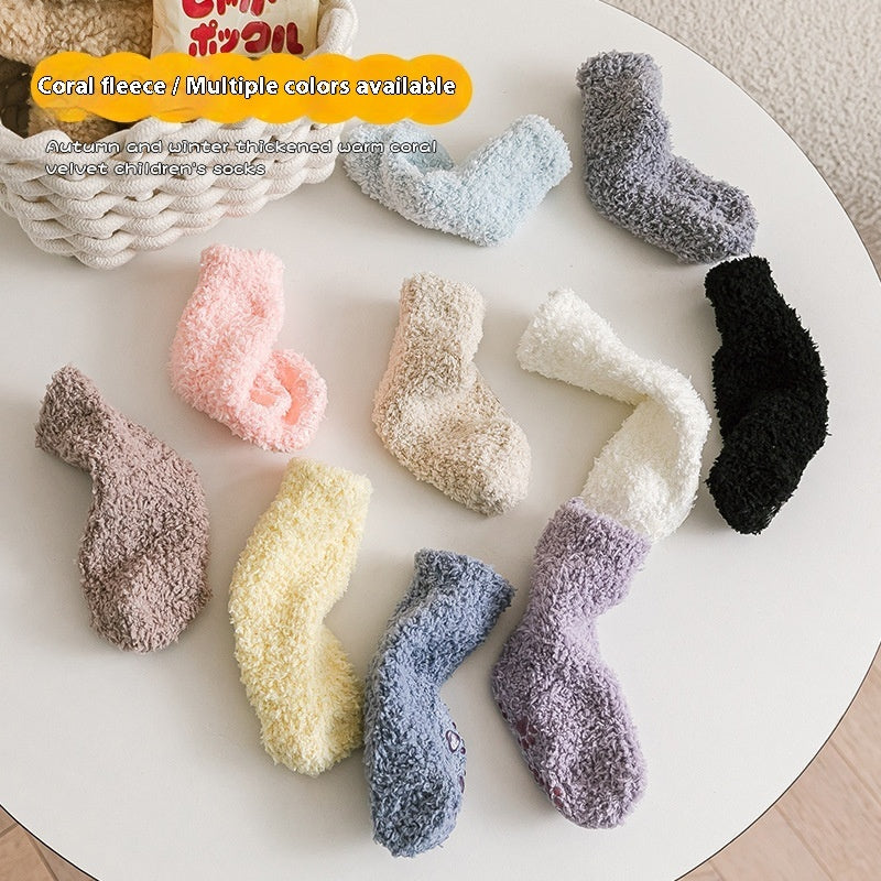 Warm Breathable Coral Fleece Children's Socks Candy Color Home Boy Girls Mid-calf Length Room Socks