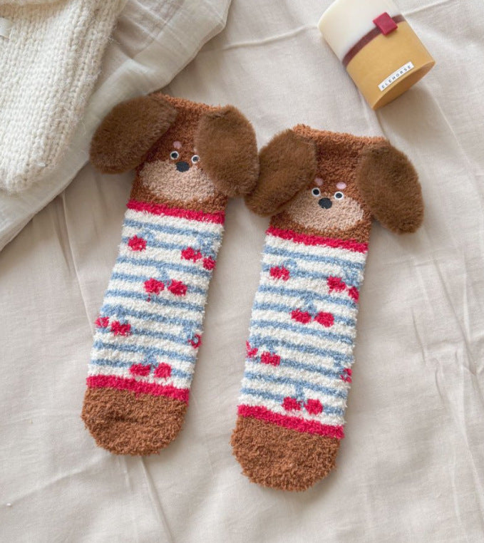 Cartoon Sausage Dog Coral Fleece Tube Socks Home Room Socks