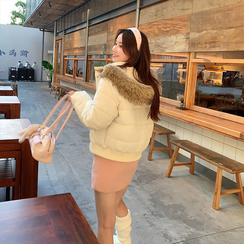 Winter Down Cotton Jacket Women's Short Big Fur Collar Hooded
