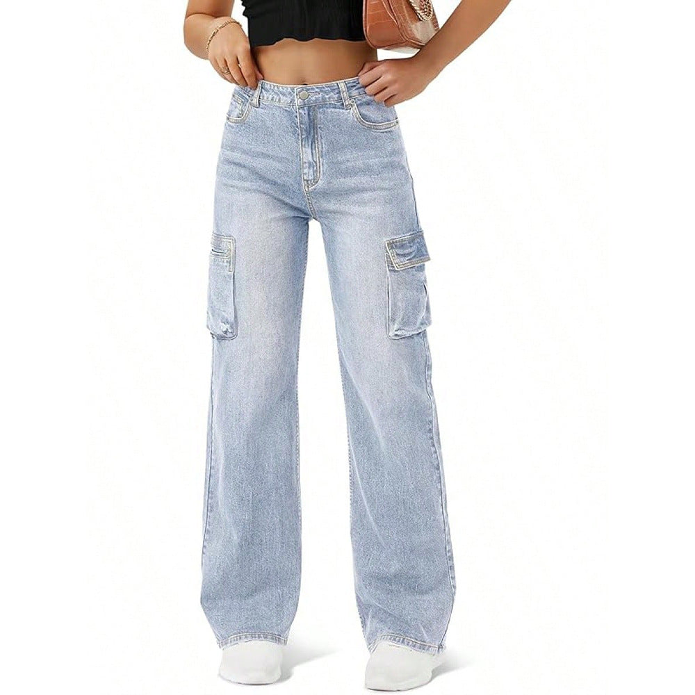 Stylish, Niche Design Straight-leg Denim Jeans With A Flap And Oversized Pockets